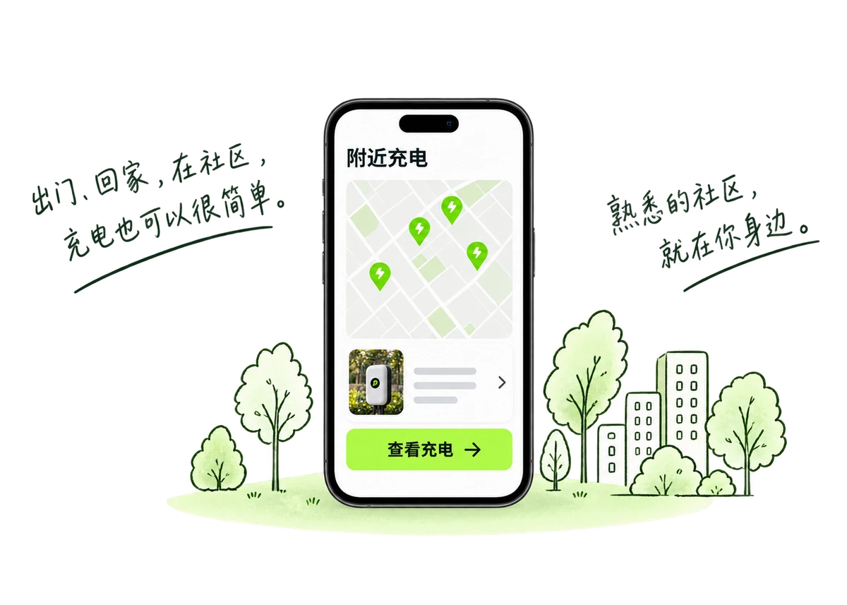 邻加充电小程序界面及社区手绘示意。出门、回家、在社区,充电也可以很简单。熟悉的社区,就在你身边。