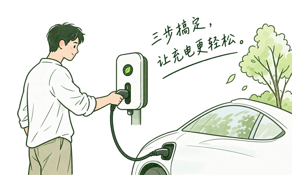 连接设备开始充电的手绘。三步搞定，让充电更轻松。